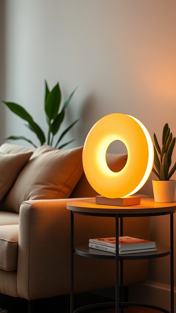 A cozy living room with a donut lamp on a side table, emitting warm light.